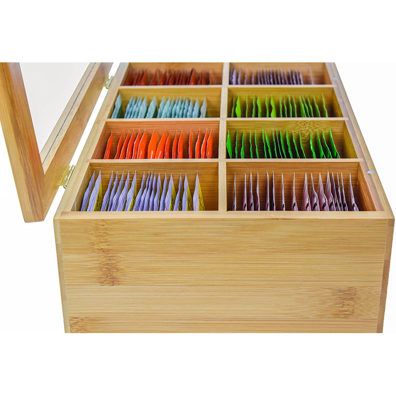 Large Bamboo Tea Box with Clear Hinged Lid and 8 Compartments