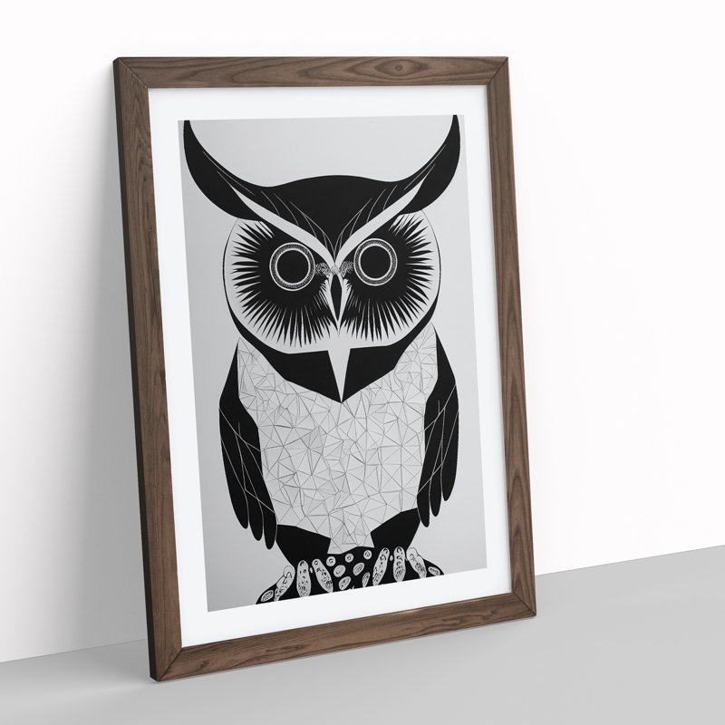 Owl Monochrome No.2 - Single Picture Frame Painting, 34cm H x 25cm W x 2cm D, Walnut