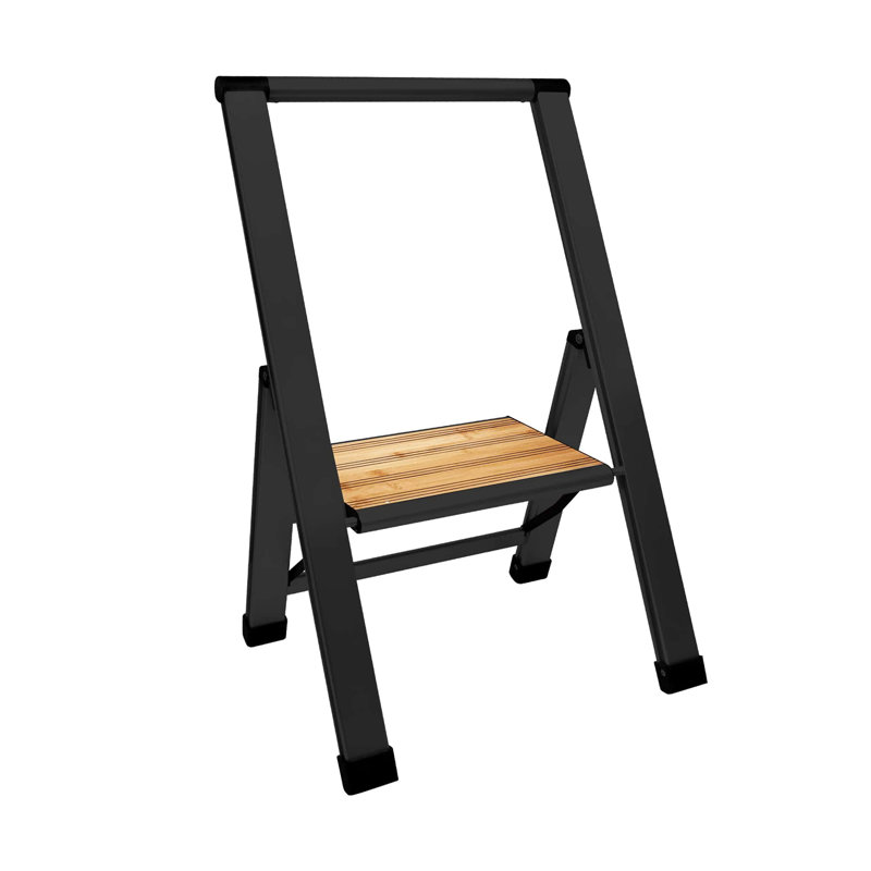 Slim Black Aluminum Foldable 1-Step Ladder with Wooden Step