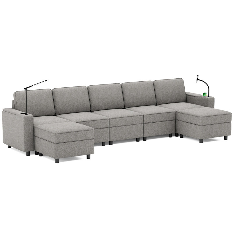 Canapé modulaire en forme de U 8 pièces avec rangement et 2 repose-pieds pour le salon, Mélange de polyester gris tourterelle