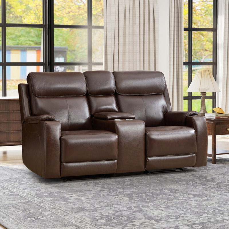 72.04" W Top Genuine Leather Power Reclining Loveseat With Adjustable Headrest, Built-In Cup Holders, Console, USB & Wireless Charging