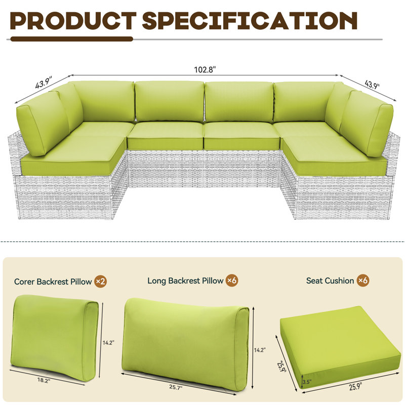 Outdoor Replacement Cushions for Patio Furniture,Water-Resistant Sofa Cushions for Rattan Wicker Sectional Patio Conversation Sets,14-Piece Outdoor Couch Cushions Patio Sofa Cushions