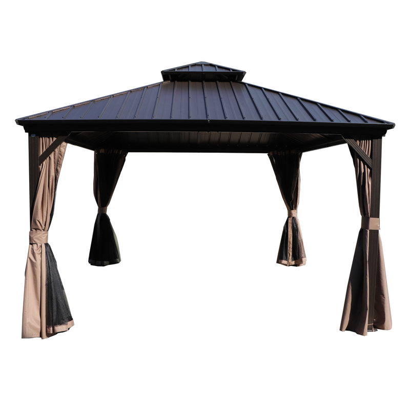 Kozyard Caesar Gray Double Roof Hardtop Gazebo with Privacy Curtain and Mosquito Netting, White, Gray, 144" x 144"