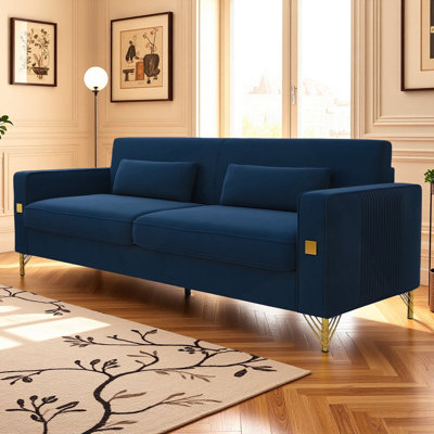 Modern 3-Seat Sofa With Gold Accents, Plush Cushions, And Velvet Upholstery For Elegant Living Spaces.
