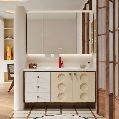 Meuble-lavabo mural Mid-Century à deux tons en bois massif avec lavabo en céramique intégré et armoire de rangement Smart Mirror