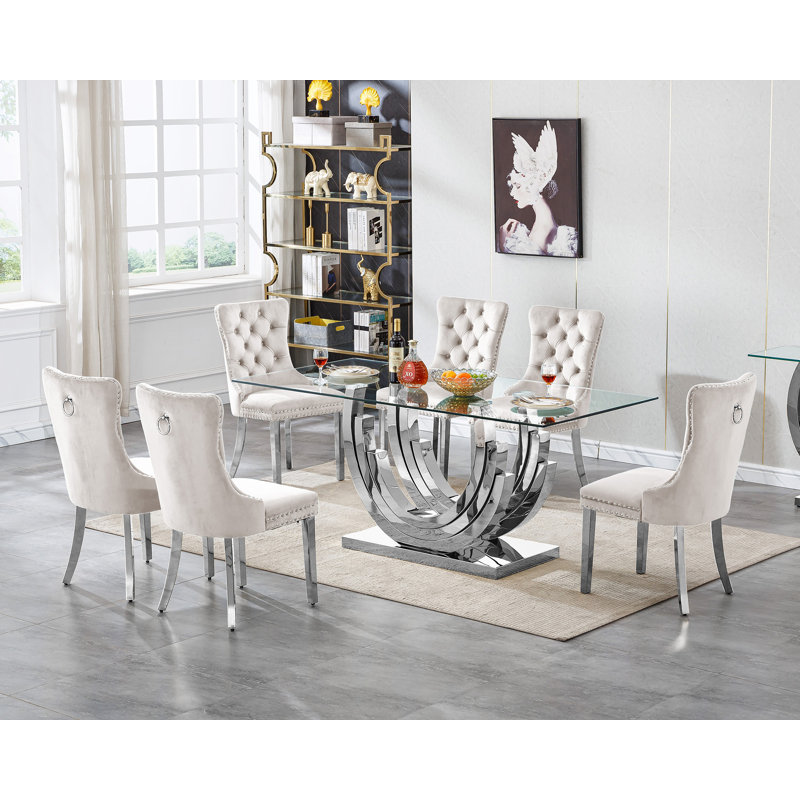 Modern Glass Dining Table Set, Clear Glass Dining Table with Stainless Steel Pedestal & Dining Chairs, 70" Rectangle Dining Room Table and Chairs Set, Luxury Kitchen Table Set