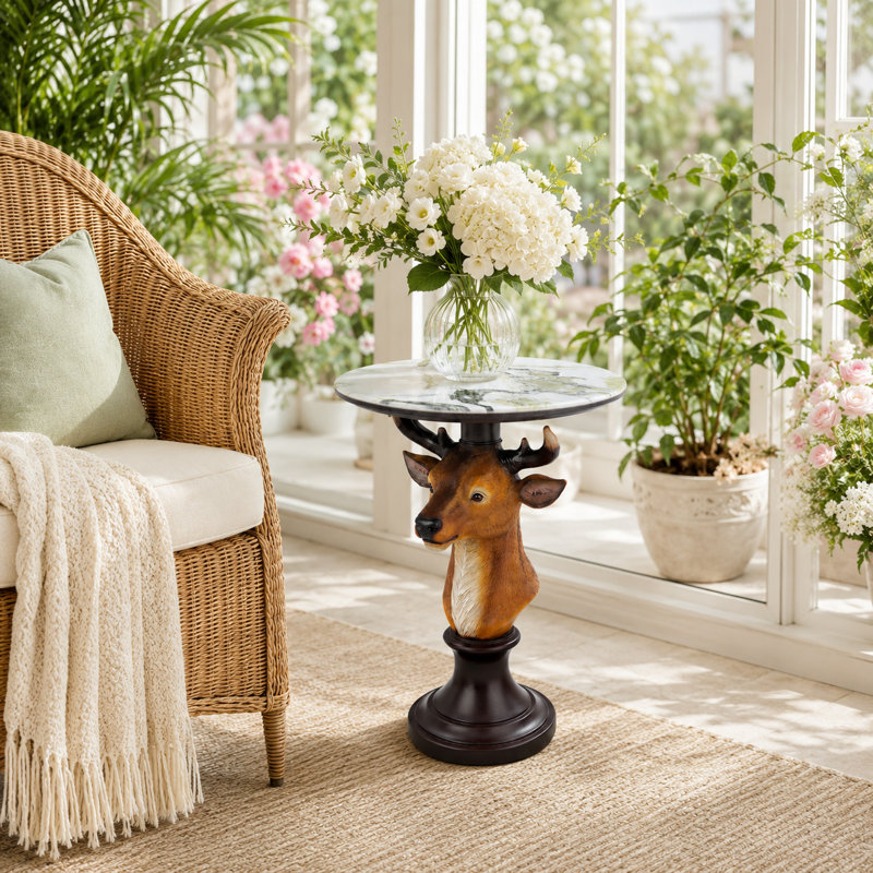 Table d'appoint 25,6 po en résine avec plateau en faux marbre, table de bout rustique