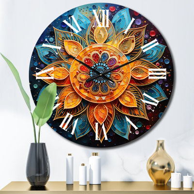 Gold Teal Yoga Mandala Pointillism Wall Clock