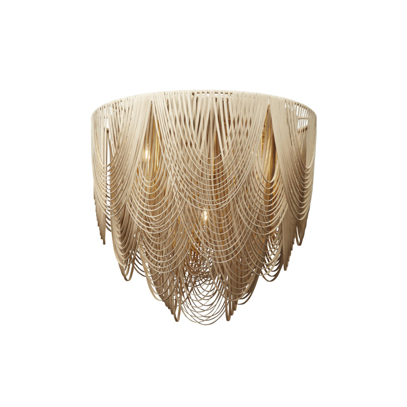 Large Leather Fringe Flushmount Chandelier, Cream