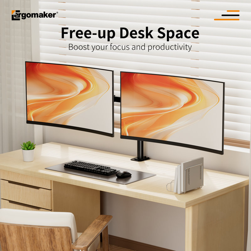 ERGOMAKER Dual Monitor Mount for Desk, Monitor Stand Holds 2 Computer Screens Fits 13" to 27", Heavy Duty Fully Adjustable Monitor Arm with C-Clamp and Grommet Base, VESA 75x75 100x100mm, Black