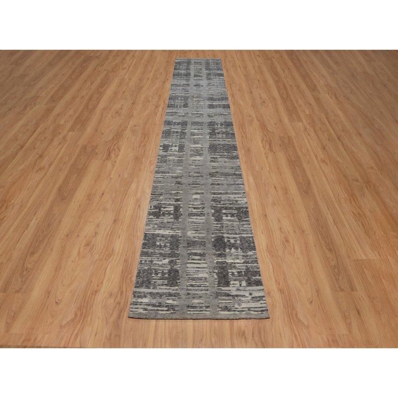 Tapis de couloir oriental 2 pi 6 po x 14 pi gris nickel moderne avec motif effilé croisé, laine naturelle nouée à la main, non tissée à la main