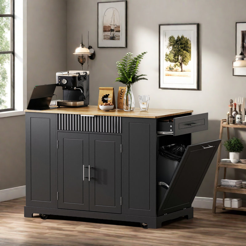 Fluted Rolling Kitchen Island With Trash Can Storage Cabinet, Power Outlet, Internal Storage Rack, 3 Drawers, 3 Open Side Racks