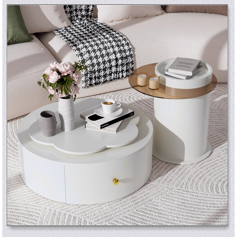 Ensemble de 2 tables basses rondes modernes avec plateau tournant en forme de fleur à 360 degrés et 2 tiroirs, parfait pour les espaces de vie élégants et fonctionnels.