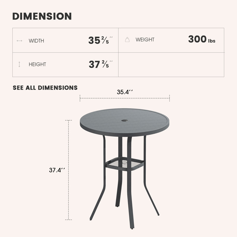 Readus Round Metal Outdoor Bar Table With Umbrella Hole , 35.4'' in. W 35.4'' in. D, Dark Gray