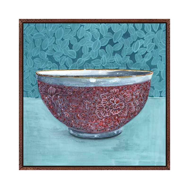 Bowl With Leafy Background by Miri Eshet - Painting on Canvas, 93.98 cm H x 93.98 cm W, Classic Brown Wood Framed