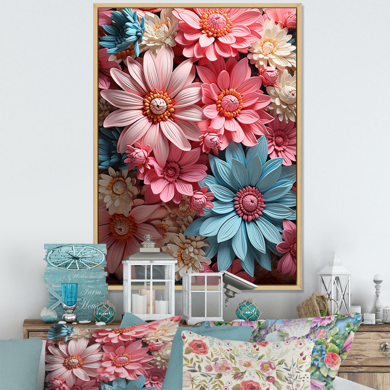 Harmonie de marguerites roses I - impression, Cadre naturel flottant, H 20 po x l 12 po x P 1 po