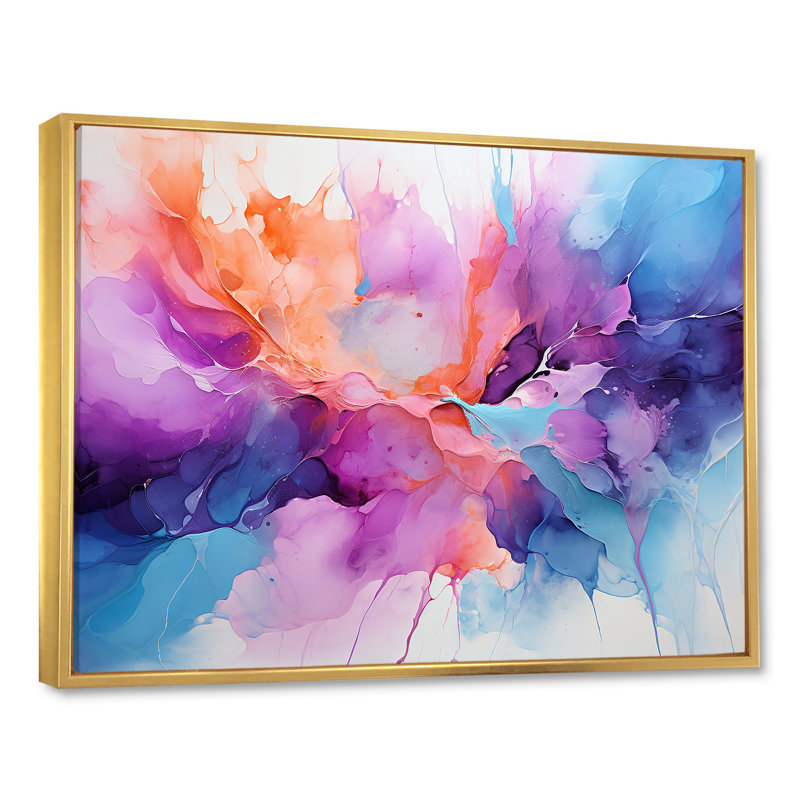 Encre orange et bleu sarcelle Essence II - art mural abstrait, salon, Cadre flottant doré, L 40 po x H 30 po x P 1,5 po