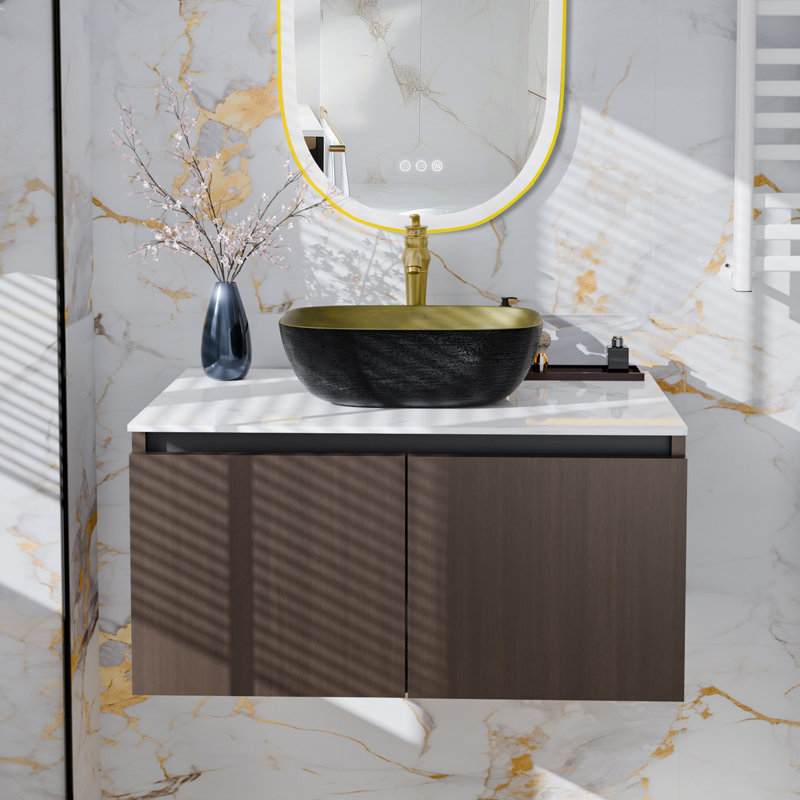 Modern And Sleek Wall Mounted Floating Bathroom Vanity Cabinet With Top, Ceramic Basin, Copper Faucet, Double Open Doors, 3 Sizes