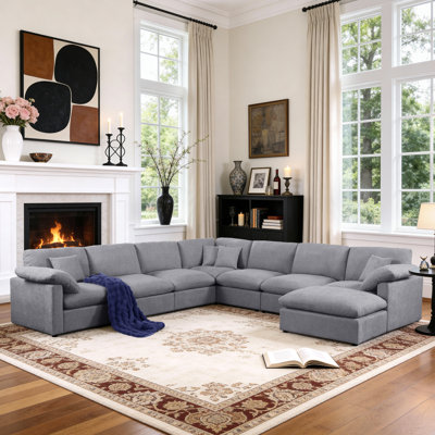 144" Chenille Modular Sectional Sofa 8 Seat Oversized Upholstered Cloud Couch With Corner & Movable Ottoman by Mercer41