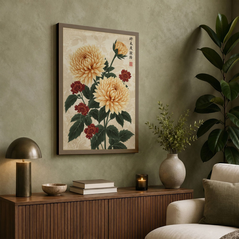 Chrysanthemum Study Botanical - Wrapped Canvas, 36x24 - 91.4 x 61.0 cm, Ochre Border