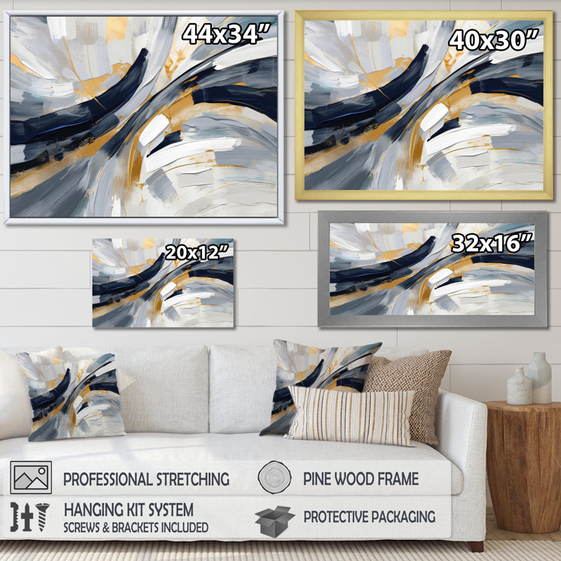 Impressions transcendantes grises et dorées V, Toile tendue, H 16 po x l 32 po x P 1 po