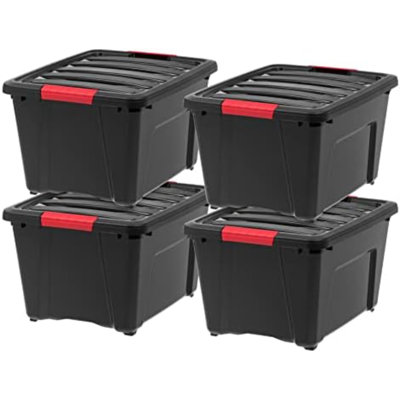 Boîte de rangement en plastique 30 L (32 pte) avec couvercle et loquets - paquet de 4 - sans BPA, solution d'organisation de garage, contenants empilables durables, poignée à tirer sécurisée - noir