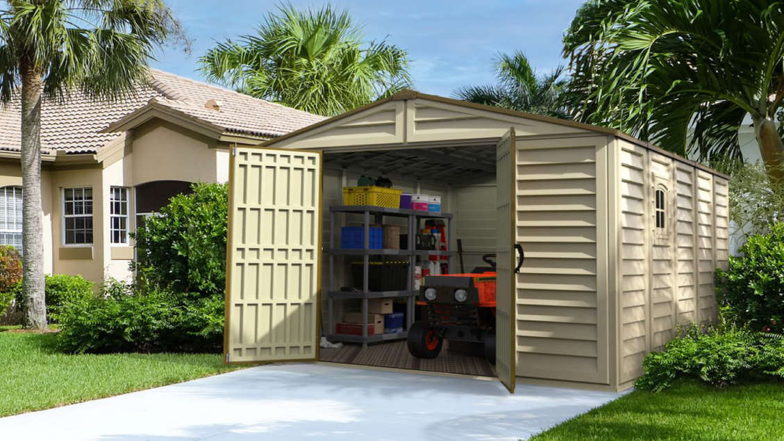 Duramax 15 x 8 Apex Pro Vinyl Shed with Foundation, 2 Windows and 2 Do