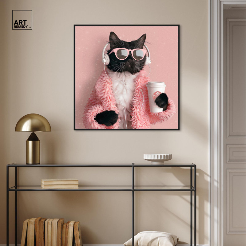 «Glam Cat Headophone Canvas» par Art Remedy, H 31 po x l 31 po x P 1,8 po, Cadre flottant noir