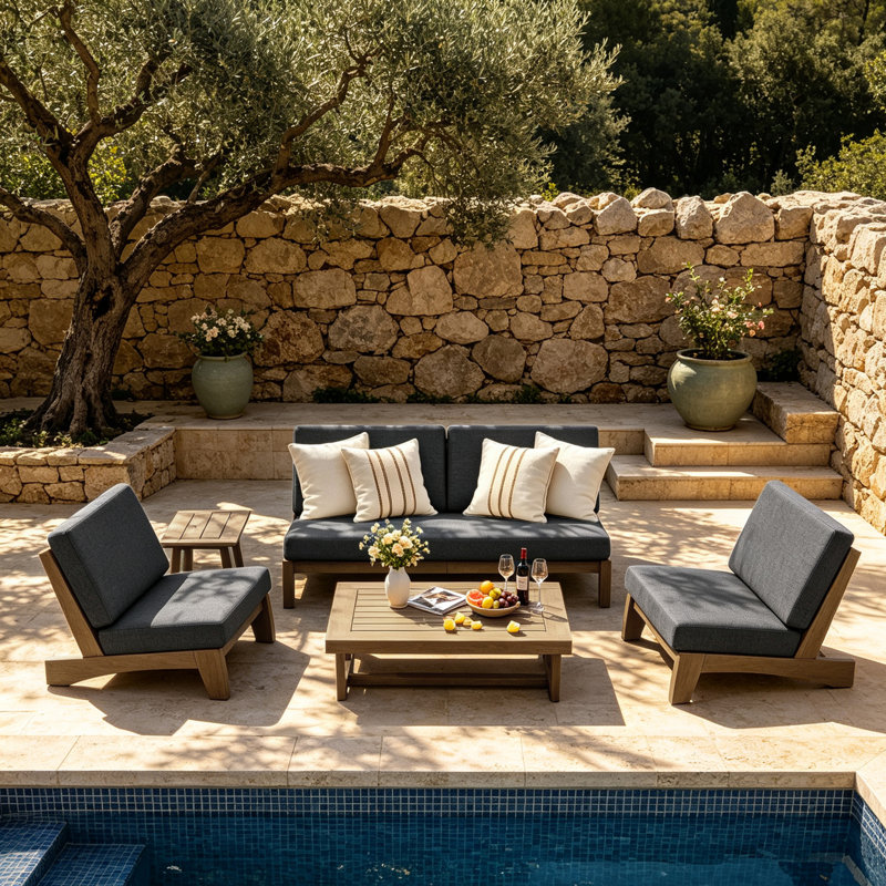 Ensemble de conversation Polett, 5 pièces: 2 tables, 2 chaises, canapé, Gris foncé, Brown