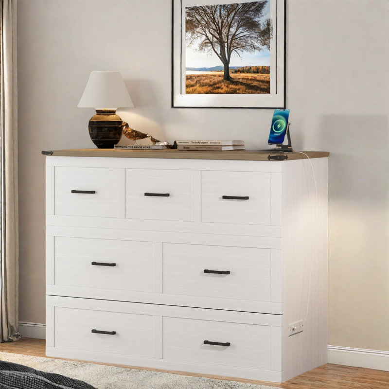 Multi-functional Foldable Murphy Bed  With Charging Station And 1 Large Storage Drawer, White, Full