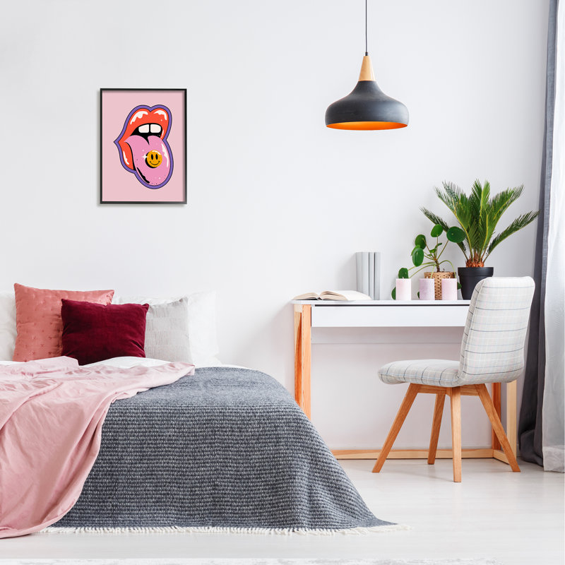 Retro Lips With Smiley Framed On Wood by LulusimonSTUDIO Print, Midnight Black Framed Giclee, 20" H x 16" W x 1.5" D