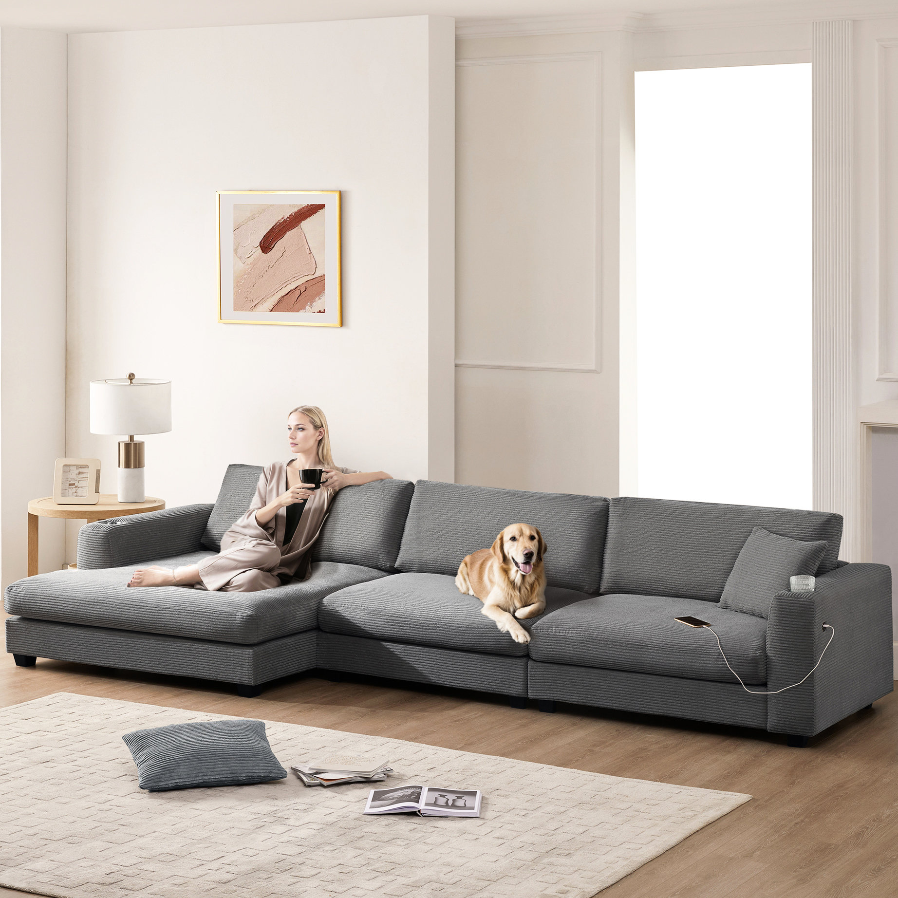 Latitude Run® Comfy L Shaped Corduroy For Living, With Charging And Cup ...