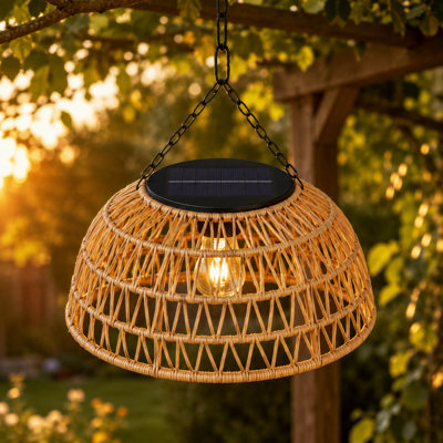 Outdoor Solar Hanging Iron Frame Rattan Lantern (Bulb Include)