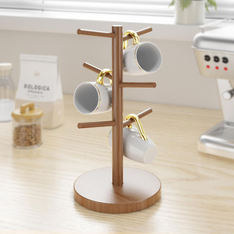 Arbre porte-gobelet en bambou, support de tasse à café à base plus épaisse pour comptoir, porte-gobelet de comptoir avec 6 crochets