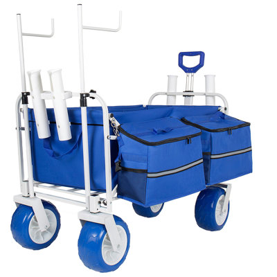 Chariot de plage avec porte-chaises et porte-cannes à pêche, roues tout-terrain de 9 po, sacs de rangement et de glacière amovibles robustes de 500 lb pour la plage, le camping, la pêche, le jardin, les sports de plein air, bleu