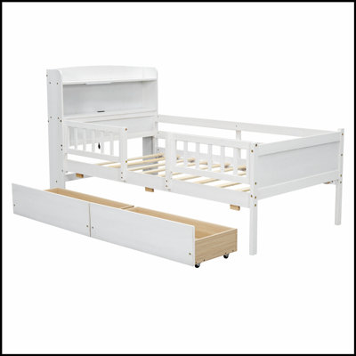 Wood Platform Bed with Built-in LED Light, Multi-functional Headboard, Guardrails, and Storage Drawers