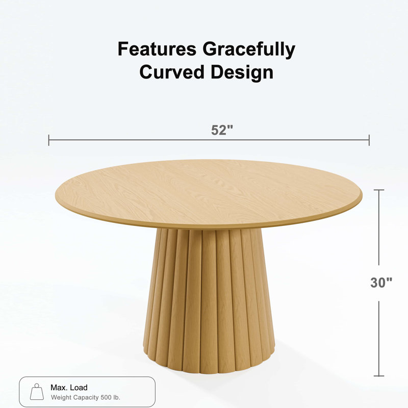 Solid Wood Dining Table Round Pedestal Kitchen Table, Oak, 30”H x 52”L x 52”W
