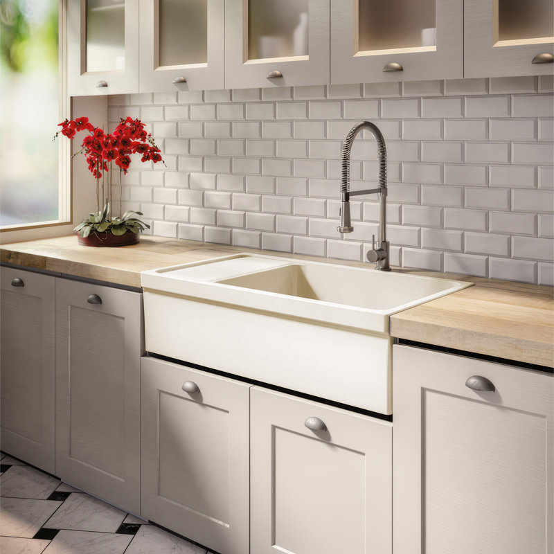Fireclay Reversible Sink with Integral Drainboard and Decorative 2 ½" Lip on Both Sides, Glossy Black