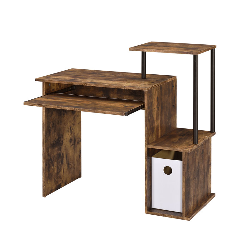 Bureau d'ordinateur Lyphre en chêne vieilli et finition noire avec plateau pour clavier et rangement