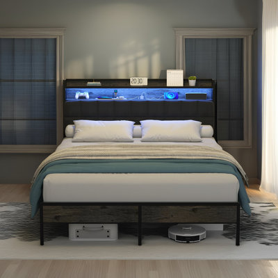 Base de lit plateforme moderne avec lumières DEL RVB et station de charge - tête de lit ergonomique, rangement sous le lit