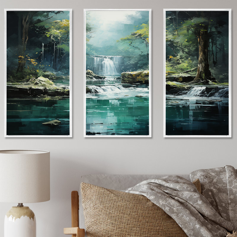 Ensemble de décorations murales Waterfall Cliff Scenery III - Waterfall, Cadre flottant blanc, H 32 po x l 48 po x P 1 po