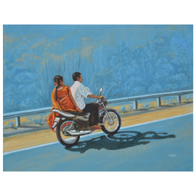 Couple Ride On Bike - Long Drive - Acrylic Painting | Acrylic On Canvas | By Usha Shantharam