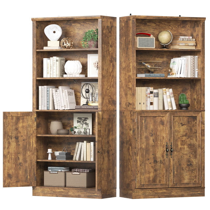 71.4" Tall Modern Bookcase with Doors, 6 Tier Floor Standing Bookshelf with Vintage Handles for Home Office, Living Room 