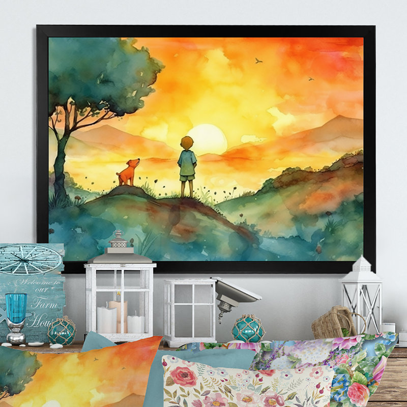 Children On A Farm III - Farm Landscape, reproduction d'art mural, Cadre photo noir, H 12 po x l 20 po