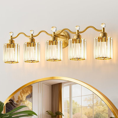 Luminaire de salle de bain à 5 lumières en cristal doré avec abat-jour en cristal transparent, applique murale moderne pour miroir, éclairage de salle de bain pour meuble-lavabo, couloir, salon