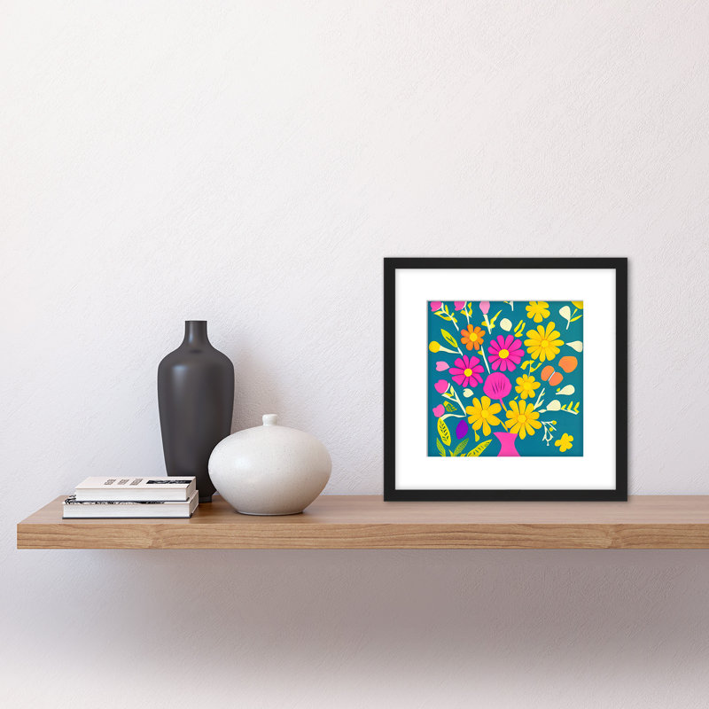 Bouquet Pink Yellow Daisy Flowers on Blue 1 Piece Single Picture Frame Wall Art