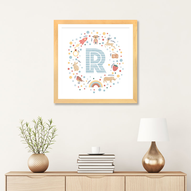 Lettre illustrée R bleue - impression, Blanc, H 24 po x l 24 po x p 1 po, Papier avec cadre beige