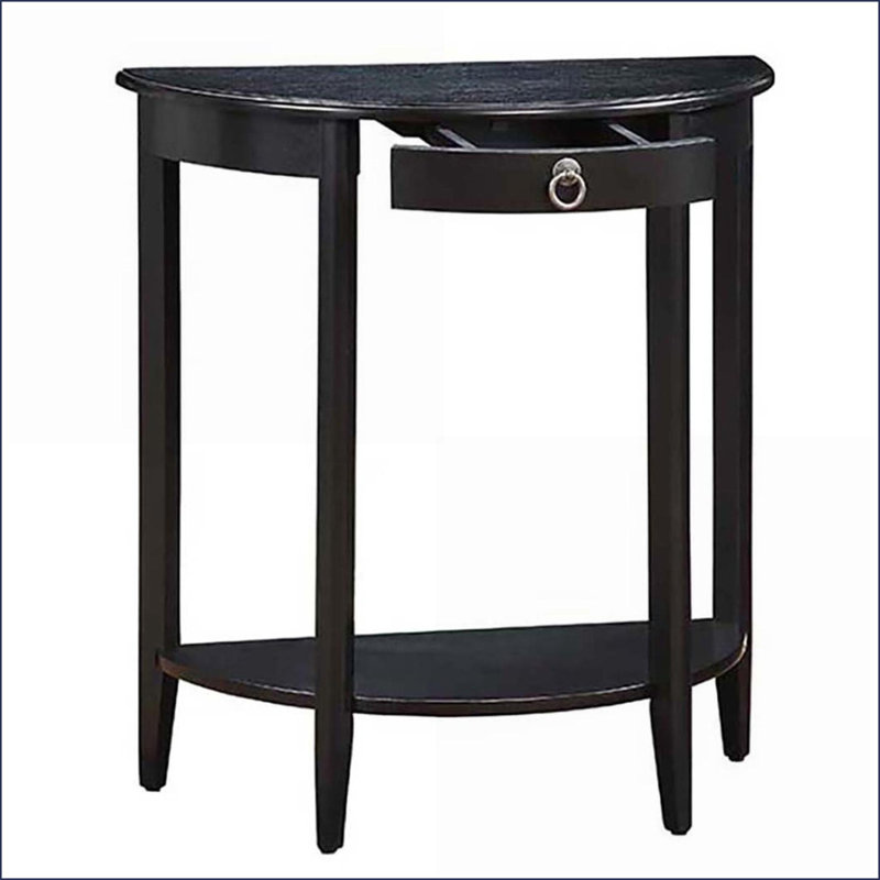 Élégante table basse en demi-lune noire avec tablette inférieure, structure en pin massif pour le rangement du salon Affichage
