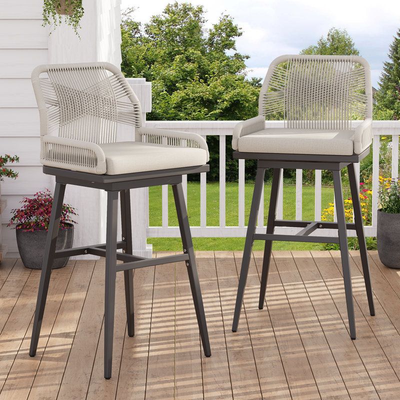 Bar Stools Set Of 2, Rattan Counter Height Bar Stools, Swivel Patio Barstools With Boho Woven Rope Back For Kitchen Patio Garden Cushions Included,