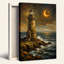 Art sur toile, phare doré sur une côte rocheuse sous le croissant de lune-133063284